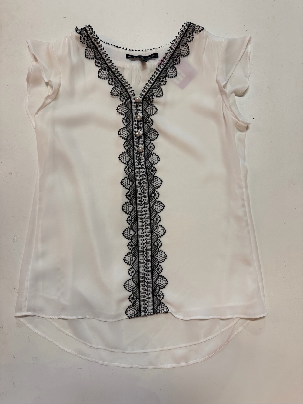 White House Black Market Ivory Short Sleeve Top with Black Lace Trim